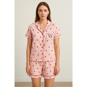 Kadın Pembe Çilek Desenli Pamuklu Viskon Şortlu Pijama Takımı
