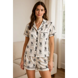 Kadın Kısa Kollu Pijama Takım Beli Lastikli Pamuklu Düğmeli Desenli