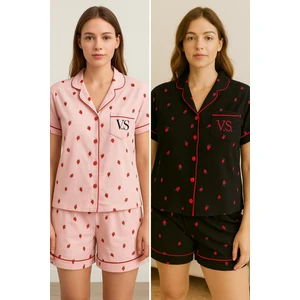 Kadın Siyah-Pembe Çilek Desenli Pamuklu Viskon 2'li Şortlu Pijama Takımı