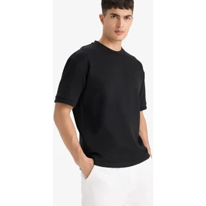 Oversize Geniş Kalıp Bisiklet Yaka Ağır Kumaş Basic Düz Kısa Kollu Siyah Tişört B6494AX25AU