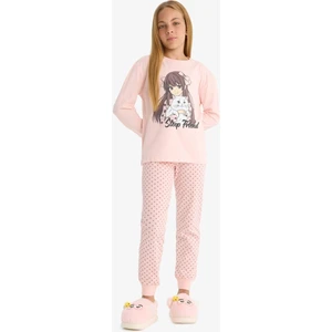 Kız Çocuk Pijama Takımı Baskılı Uzun Kollu Üst Desenli Uzun Alt F6169A825AU
