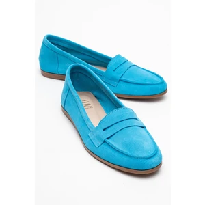 F02 Açık Mavi Süet Hakiki Deri Kadın Loafer Ayakkabı
