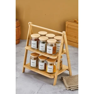12LI Vakumlu Ahşap Kapaklı Bambu Stantlı 300ML Cam Baharatlık Seti (Etiket Dahil)