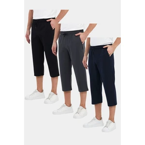 Erkek 3'lü Yanları Cepli Bermuda Diz Altı Kapri Beli Ayarlanabilir Lastikli Uzun Şort