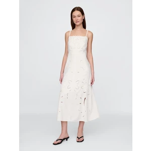 Kadın Beyaz Linen-Blend Nakışlı Maxi Elbise