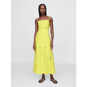 Kadın Sarı Linen-Blend Nakışlı Maxi Elbise