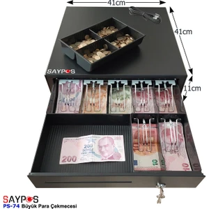 7 Banknot Gözlü Yazarkasa Pos Bağlantılı ve Anahtardan Açılır Büyük Para Çekmecesi 41X41X11CM