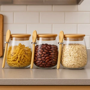 Tombul 3lü Borosilikat Cam Bambu Kapaklı Kavanoz Baharatlık Seti 600 ml