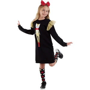 Simli Kedi Kız Çocuk Siyah Elbise