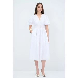 Adl V Yaka Midi Boy Poplin Elbise Beyaz 12445335000