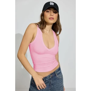 Pembe Derin V Yaka %100 Pamuklu Basic Kadın Atlet MG2405