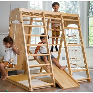 Montessori 3'lü Oyun Parkuru | Salıncak | Kaydırak | Monkeys Bar | Halat Merdiven | Ip Tırmanma