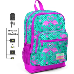 Coral High Kids Dört Bölmel Flamingo Desenli Ilkokul Çantası USB Şarjlı Kulaklık Çıkışlı 23812