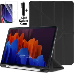 Samsung Galaxy Tab S6 Lite 2024 P610 P617 P620 10.4 Kılıf Kalem Bölmeli Katlanabilir Standlı Yumuşak Silikon Kapak + Ekran Koruyucu Cam + Dokunmatik Kalem 3'lü Set