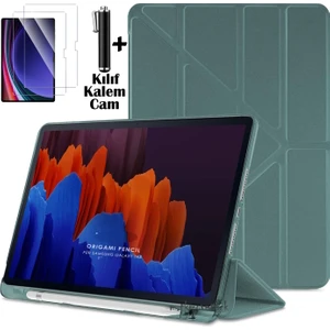 Samsung Galaxy Tab S6 Lite 2024 P610 P617 P620 10.4 Kılıf Kalem Bölmeli Katlanabilir Standlı Yumuşak Silikon Kapak + Ekran Koruyucu Cam + Dokunmatik Kalem 3'lü Set