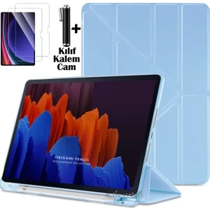 Samsung Galaxy Tab S6 Lite 2024 P610 P617 P620 10.4 Kılıf Kalem Bölmeli Katlanabilir Standlı Yumuşak Silikon Kapak + Ekran Koruyucu Cam + Dokunmatik Kalem 3'lü Set