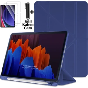 Samsung Galaxy Tab S6 Lite 2024 P610 P617 P620 10.4 Kılıf Kalem Bölmeli Katlanabilir Standlı Yumuşak Silikon Kapak + Ekran Koruyucu Cam + Dokunmatik Kalem 3'lü Set