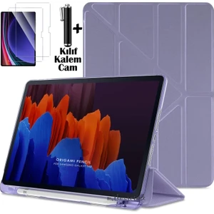 Ipad Air 11 Inç M2 M3 Çip Air 4. /5. /6. Nesil Kılıf Kalem Bölmeli Katlanabilir Standlı Yumuşak Silikon Kapak + Ekran Koruyucu Cam + Dokunmatik Kalem 3'lü Set