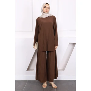 Açık Kahve Piliseli Sandy Tunik Pantolon Takım