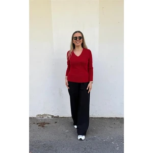 Kırmızı V Yaka Simli Kazak