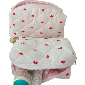 Love Heart 2’li Kalp Desenli Kapitone Makyaj Çantası Seti – Büyük ve Küçük Boy, Yıkanabilir, Hediye Için Özel