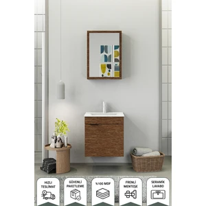 Fix Loft 55 Cm Banyo Dolabı,Seramik Lavabolu, Aynalı,Lavabo Dahil,Mdf,Aybe Kahve