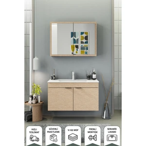 Fix Loft 100 Cm Banyo Dolabı,Seramik Lavabolu, Aynalı,Lavabo Dahil,Mdf,Aybe Bej
