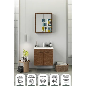 Fix Loft 65 Cm Banyo Dolabı,Seramik Lavabolu, Aynalı,Lavabo Dahil,Mdf,Aybe Kahve