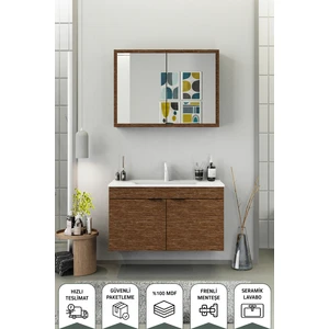 Fix Loft 100 Cm Banyo Dolabı,Seramik Lavabolu, Aynalı,Lavabo Dahil,Mdf,Aybe Kahve
