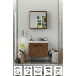 Fix Loft 85 Cm Banyo Dolabı,Seramik Lavabolu, Aynalı,Lavabo Dahil,Mdf,Aybe Kahve