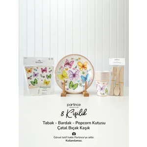 8 Kişilik Pastel Kelebek Çiçek Tema Kullan At Karton Popcorn Mısır Kutusu- Tabak-Bardak-Çatal Kaşık Bıçak Parti Seti