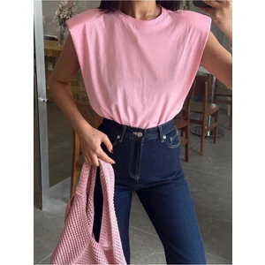 Be Chic Kadın Bisiklet Yaka Omuzları Vatkalı Kolsuz Salaş Düz Basic Tshirt AYD2009