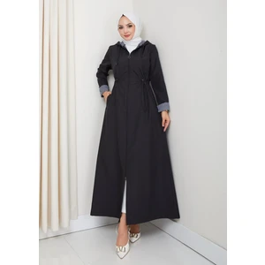 Harma Time Butik Kadın Kapüşonlu Çizgi Detaylı Siyah Bondit Kap