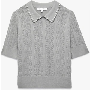 Triko Polo Yaka Inci Detaylı Kısa Kollu Kazak