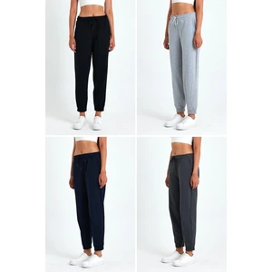 Kadın Siyah-Lacivert-Gri-Antrasit Pamuklu Kalın Paçası Lastikli Yüksek Bel Rahat Jogger 4'lü Eşofman Altı