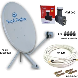 70CM Çanak Seti+30 Metre Anten Kablosu+4'lü Next Lnb+4 Contalı F Konnektör+4 Çelik Dübel