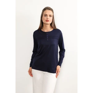 Ziend Fashion Kadın Likralı Büyük Beden Orta Yaş ve Üzeri Dört Mevsim Kiremit Anne Penye Bluz Çizgili Şeritli Lacivert - Xl