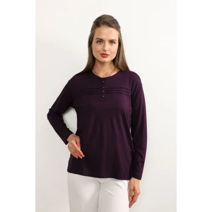 Ziend Fashion Kadın Likralı Büyük Beden Orta Yaş ve Üzeri Dört Mevsim Kiremit Anne Penye Bluz Çizgili Şeritli Mor - L