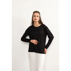 Ziend Fashion Kadın Likralı Büyük Beden Orta Yaş ve Üzeri Dört Mevsim Kiremit Anne Penye Bluz Çizgili Şeritli Siyah - L