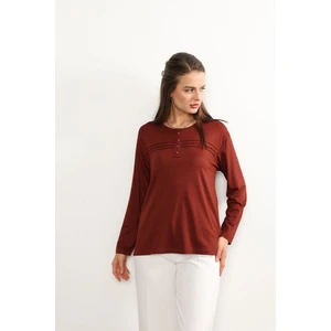 Ziend Fashion Kadın Likralı Büyük Beden Orta Yaş ve Üzeri Dört Mevsim Kiremit Anne Penye Bluz Çizgili Şeritli Kremit - Xl