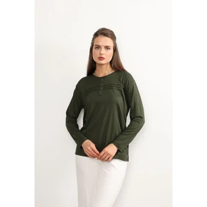 Ziend Fashion Kadın Likralı Büyük Beden Orta Yaş ve Üzeri Dört Mevsim Kiremit Anne Penye Bluz Çizgili Şeritli Haki - 3xl