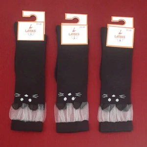 Lateks Çorap Kız Çocuk Dizaltı Kedi Desenli Okul Çorabı 3'lü Paket