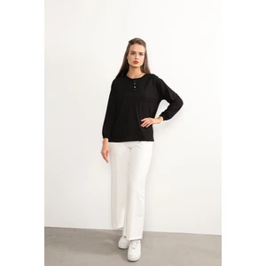 Ziend Fashion Kadın Likralı Orta Yaş ve Üzeri Dört Mevsim Anne Penye Bluz Düğme Desenli Lastikli Kol Siyah - 2xl