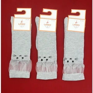 Lateks Çorap Kız Çocuk Dizaltı Kedi Desenli Okul Çorabı 3'lü Paket