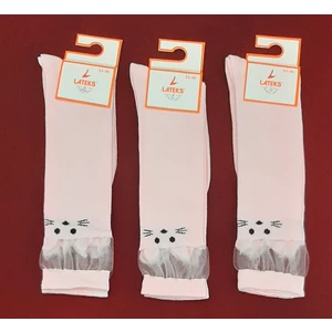Lateks Çorap Kız Çocuk Dizaltı Kedi Desenli Okul Çorabı 3'lü Paket
