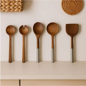 Kitchen Life 5 Parça Çelik Saplı Servis Takımı - Akasya Servis Kaşık Spatula Kepçe Seti Servis Seti