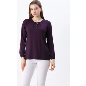 Ziend Fashion Kadın Likralı Orta Yaş ve Üzeri Dört Mevsim Anne Penye Bluz Düğme Desenli Lastikli Kol Mor - L