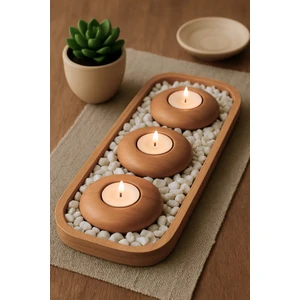 Wooden Hands %100 Doğal Ahşap Mumluk Seti | 3'lü Set | Dikdörtgen Tepsili ve Dekoratif Taşlı | Minimal Tasarım