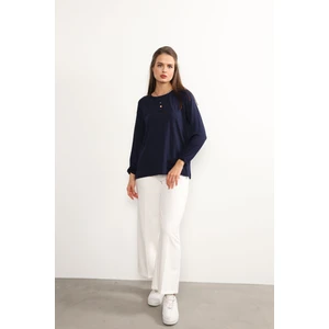 Ziend Fashion Kadın Likralı Orta Yaş ve Üzeri Dört Mevsim Anne Penye Bluz Düğme Desenli Lastikli Kol Lacivert - L