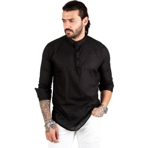 Yarım Düğmeli Çizgili Hakim Yaka Ham Keten Uzun Kollu Erkek Gömlek 2201914